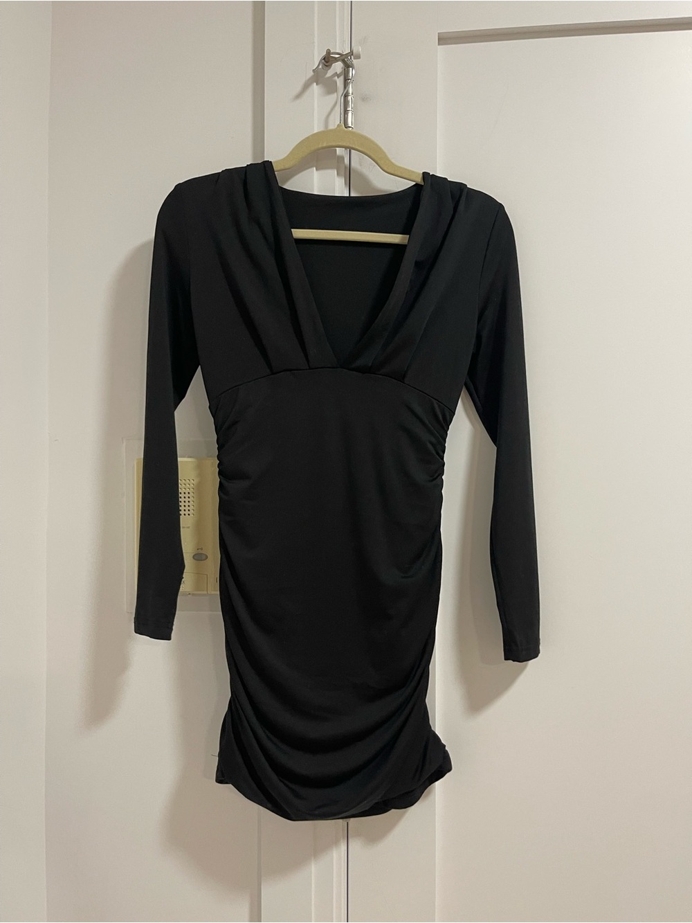 Black Long-Sleeve V-Neck Ruched Women’s Dress